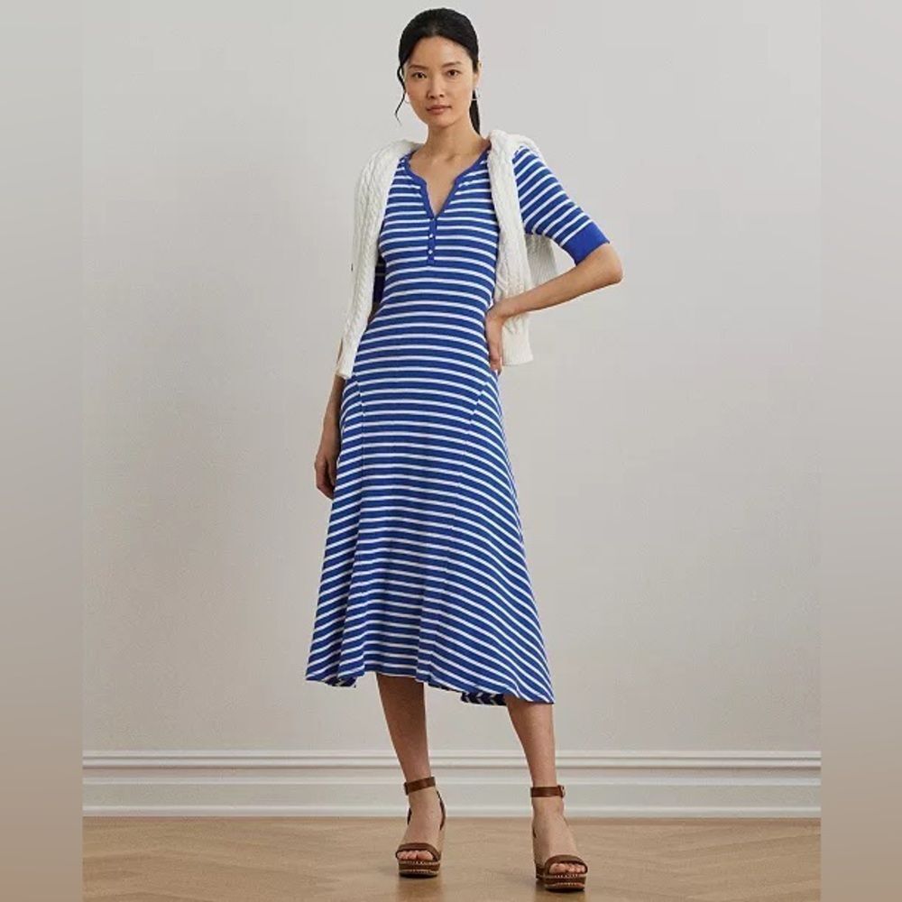 Lauren Ralph Lauren Women's Striped Waffle-Knit Cotton Henley Dress Sz M